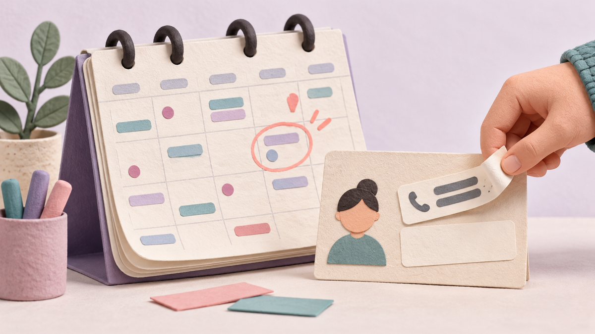 Paper appointment calendar beside a customer card with its contact label being replaced.